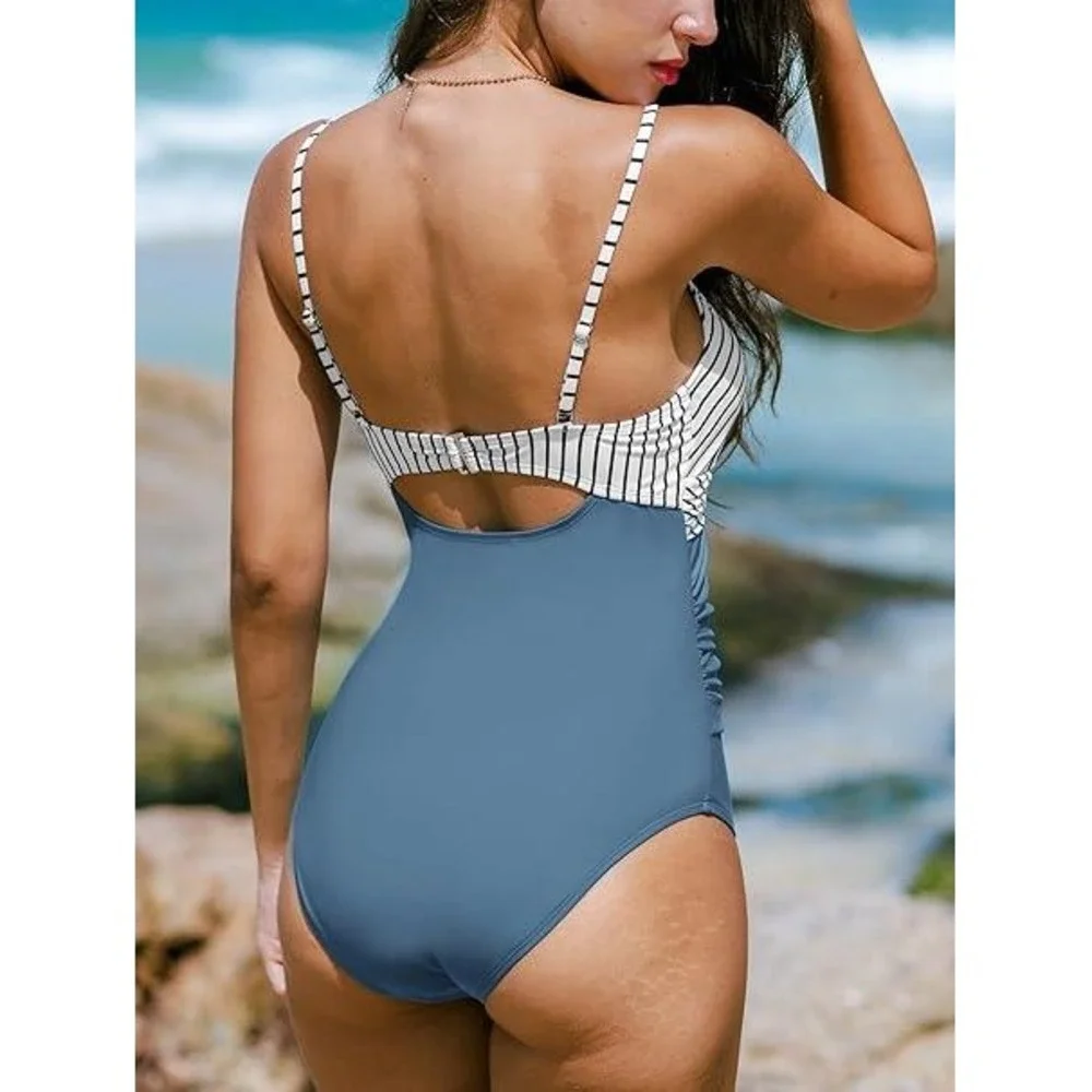 Cupshe Striped Twist Front Ruched One Piece Swimsuit Blue‎ White Small NWT